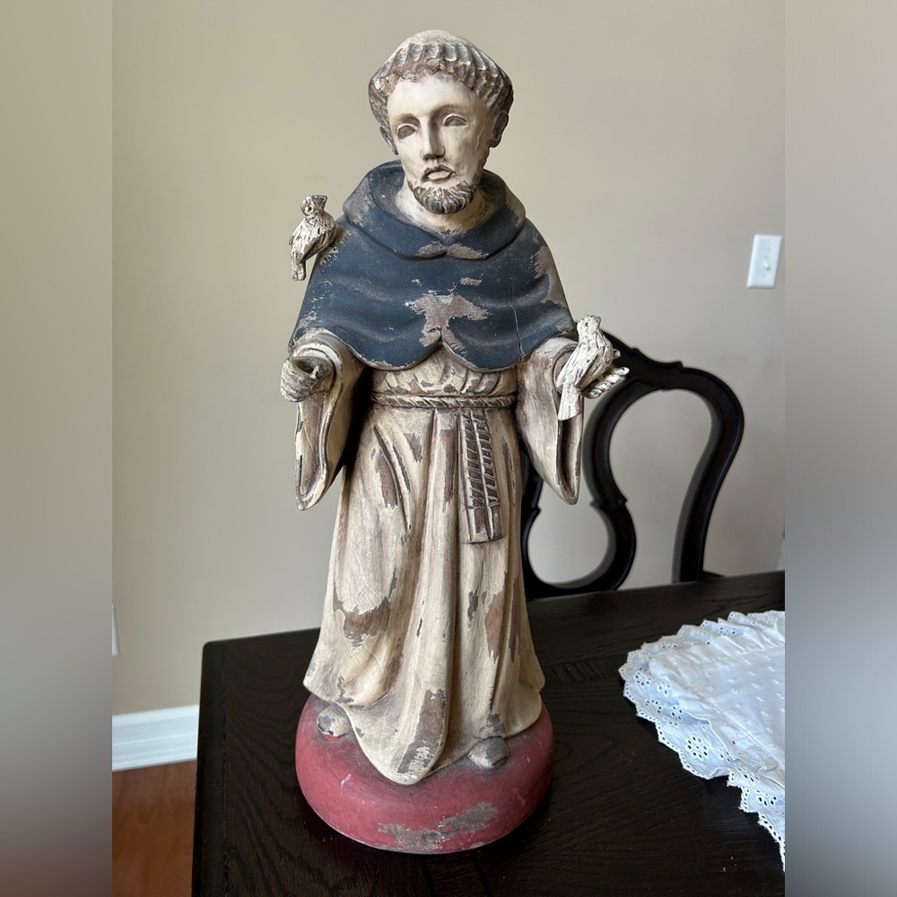 Antique Highly Distressed Solid Carved Wood Large St Francis of Assisi Statue